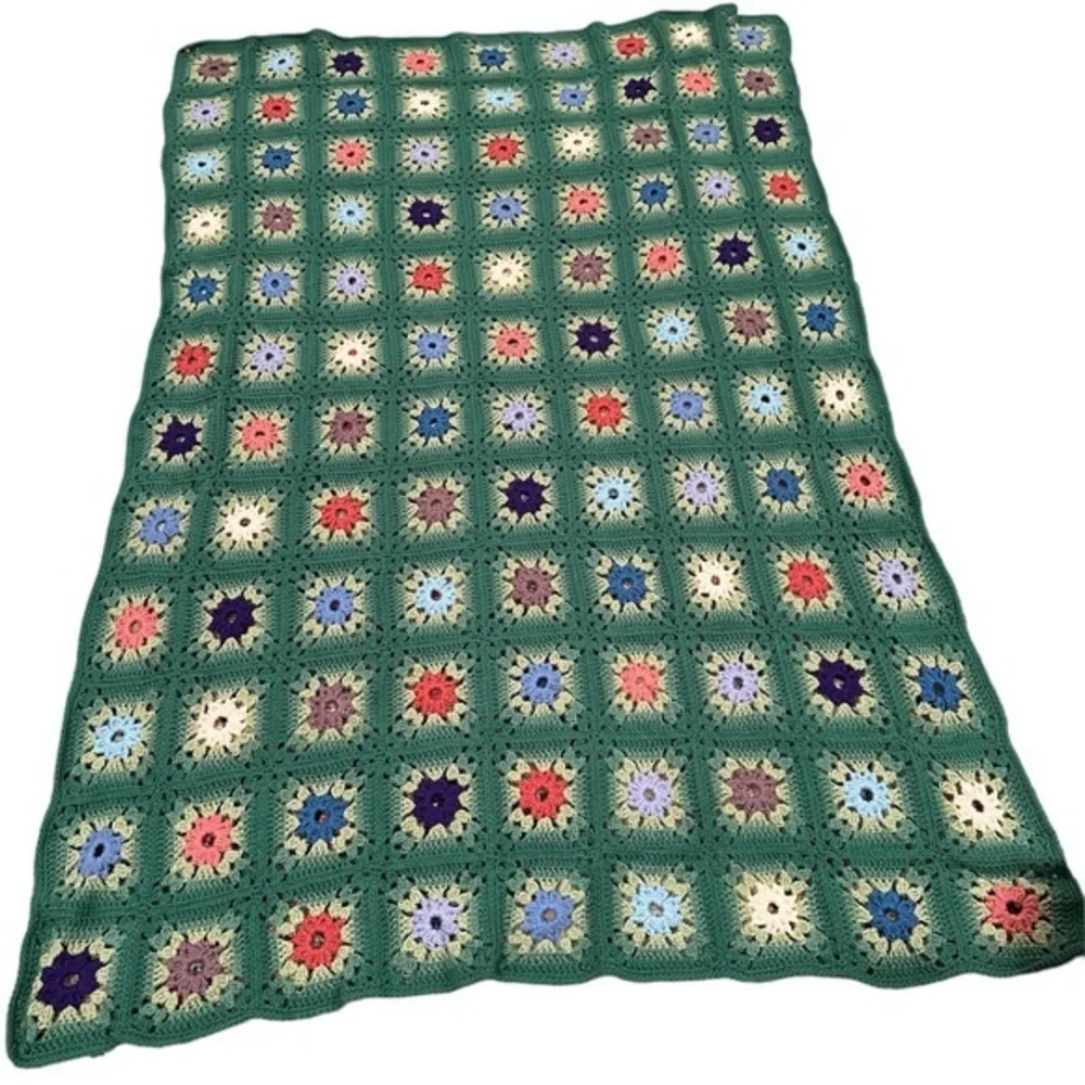 GRANNY SQUARE CROCHETED MULTI COLORED GREEN THROW PICNIC BLANKET KNIT HANDMADE